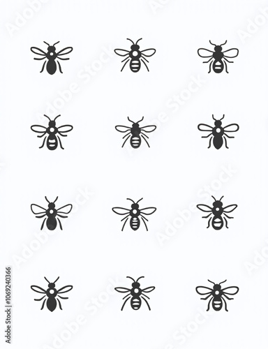 Collection of stylized honey bees designed as a simple black and white illustration for use in a farm logo