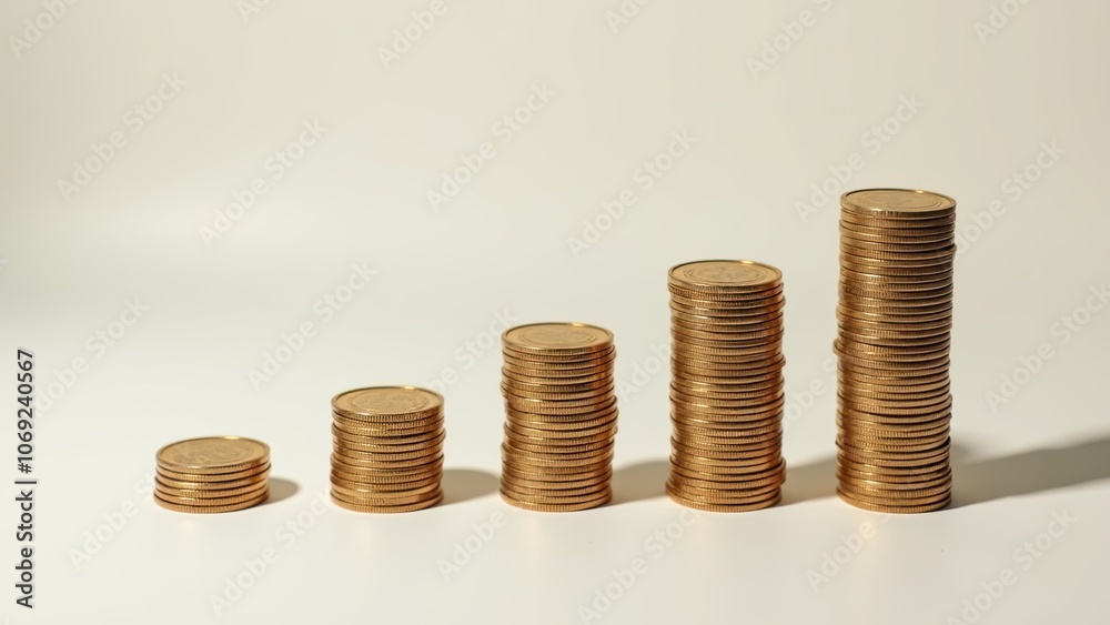 Stacks of Coins Showing Gradual Increase in Value on a Neutral Background Illustrating Financial Growth Stacks of Coins Showing Gradual Increase in Value on a Neutral Background Illustrating Financial Growth