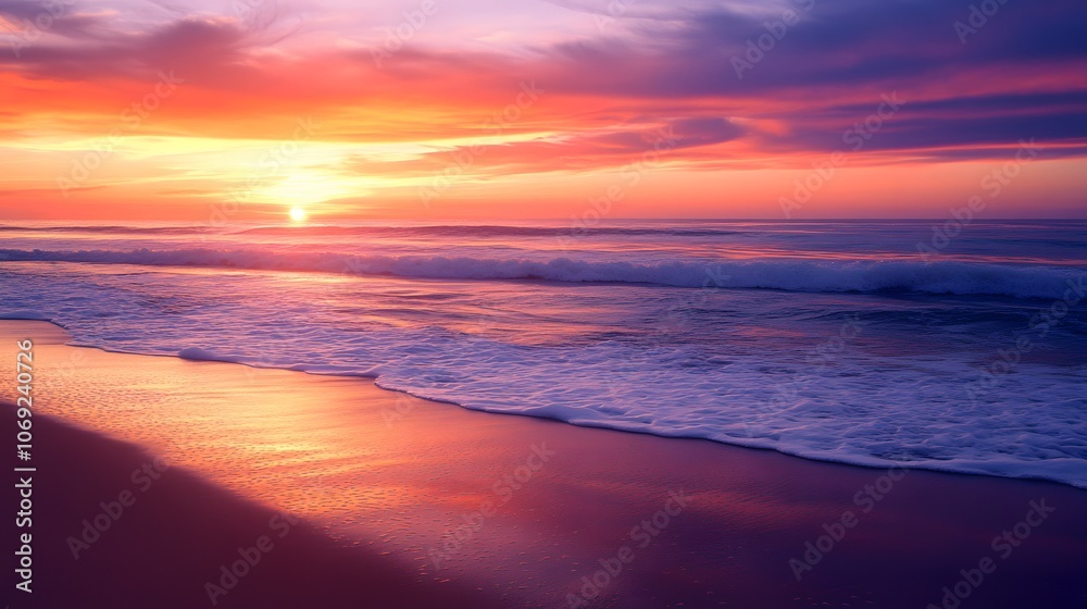 Serene beach at sunset, featuring gentle waves lapping against soft sand, and a sky painted with vibrant colors of orange, pink, and purple Serene beach at sunset, featuring gentle waves lapping against soft sand, and a sky painted with vibrant colors of orange, pink, and purple