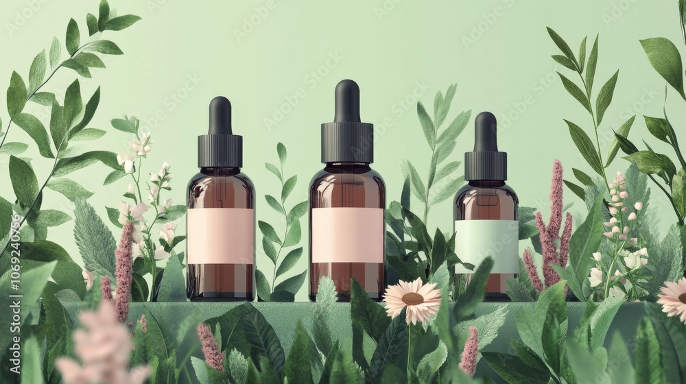 Neutral toned skincare bottles with droppers in a botanical setting symbolizing the balance and harmony of nature infused beauty products in gentle skincare routines