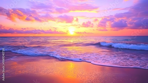 Serene beach at sunset, featuring gentle waves lapping against soft sand, and a sky painted with vibrant colors of orange, pink, and purple photo