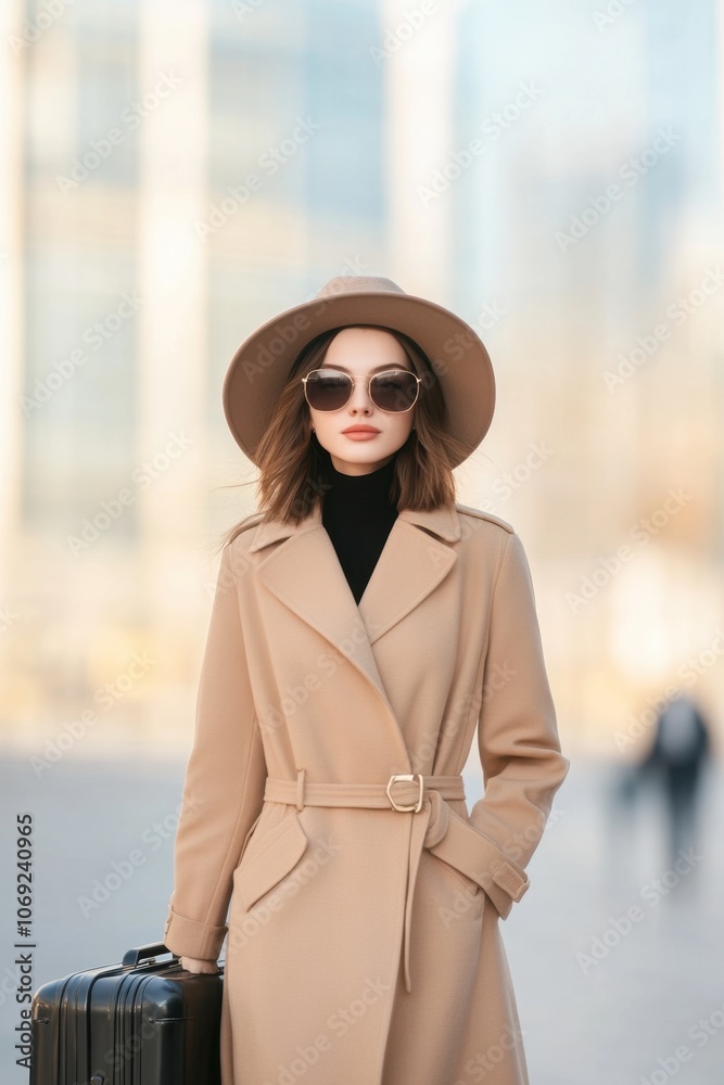 Fototapeta premium Fashionable woman in beige coat and sunglasses walking with suitcase
