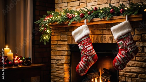 A festive Christmas stocking hangs above a cozy fireplace, surrounded by holiday decorations, radiating warmth and the spirit of the season photo