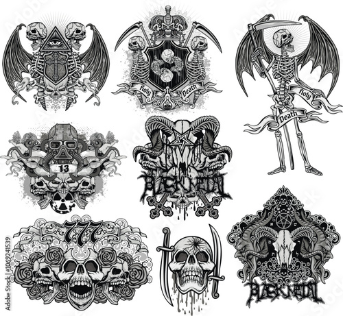 set, gothic sign with skull, grunge vintage design t shirts
