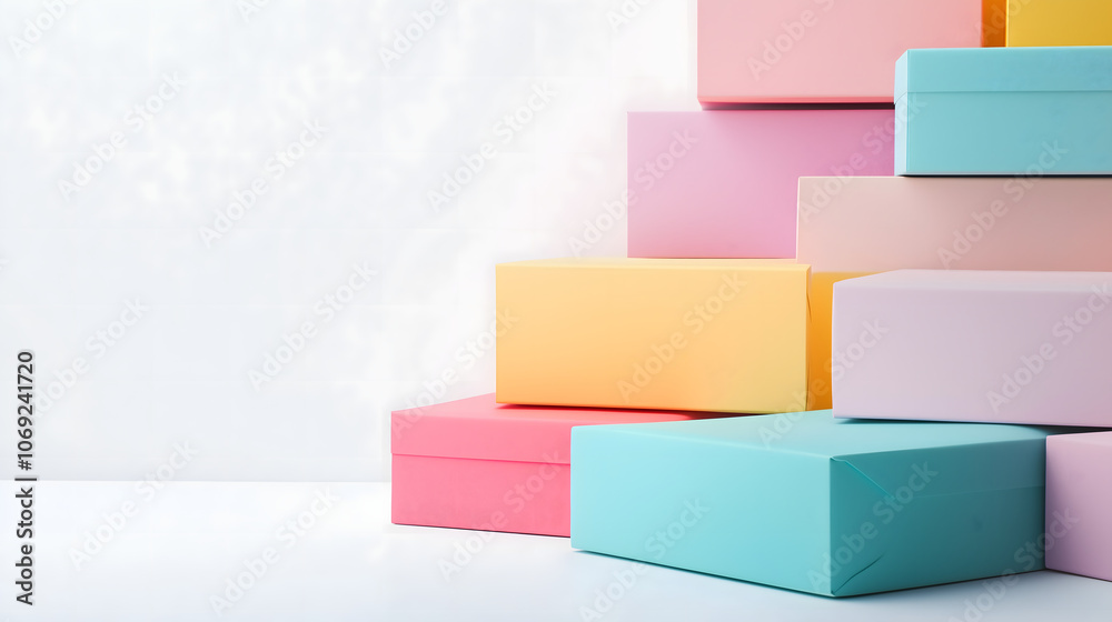 A variety of colorful gift boxes are neatly stacked in a visually appealing arrangement against a clean, simple background. The pastel shades create a cheerful atmosphere.