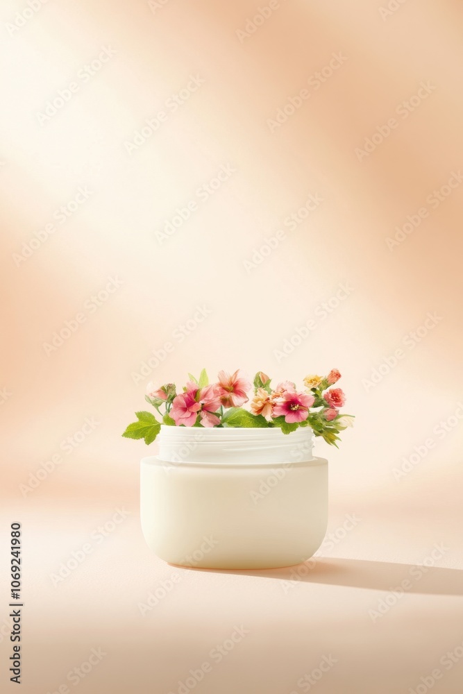 Skincare product with fresh flowers on a light background Skincare product with fresh flowers on a light background