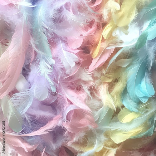 Multicoloured pastel Angel Feather Message Banner Background - a pile of long rainbow coloured feathers in left corner and wide message area with pastel coloured small random fluffy feathers