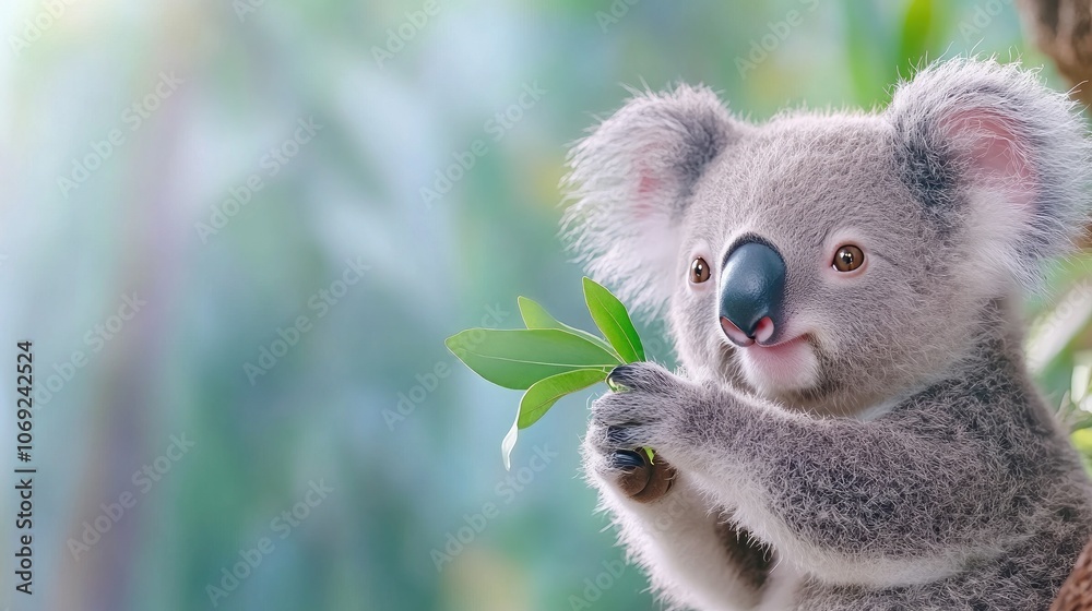 A gentle koala nibbles on fresh eucalyptus leaves in natural surroundings, capturing the essence of wildlife through vibrant colors and soft light A gentle koala nibbles on fresh eucalyptus leaves in natural surroundings, capturing the essence of wildlife through vibrant colors and soft light