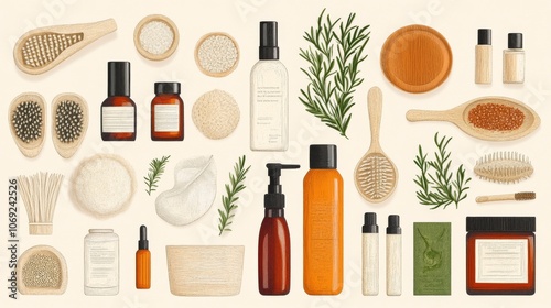 Natural beauty flat lay with skincare bottles brushes and eco friendly accessories highlighting an organic nature inspired skincare routine for a balanced self care approach