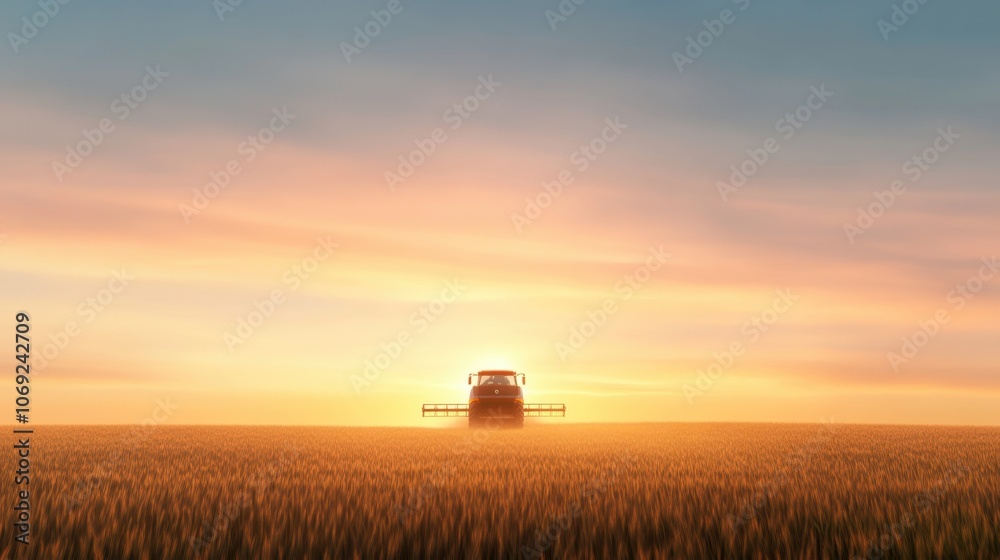 Fototapeta premium Harvesting wheat field at sunset