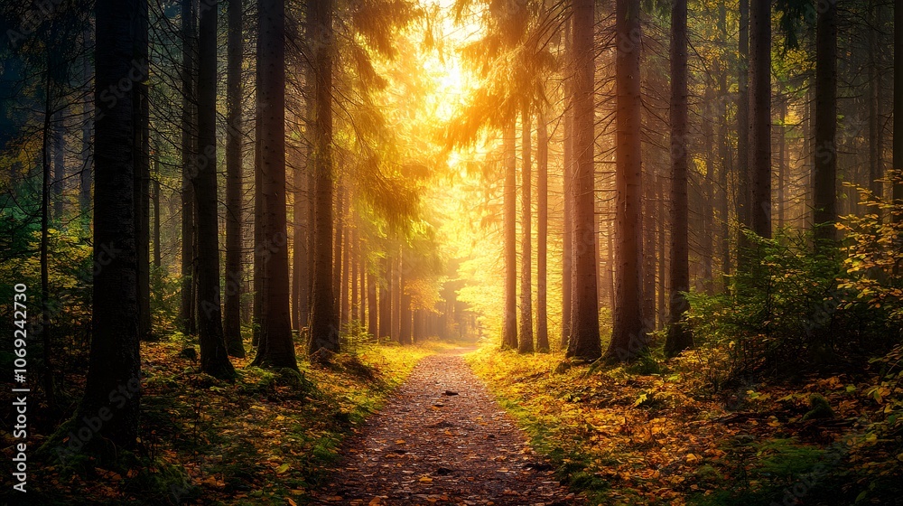 Serene forest path winding through tall trees, dappled sunlight filtering through the canopy, and a carpet of fallen leaves underfoot. The scene evokes a peaceful and enchanting woodland experience. Serene forest path winding through tall trees, dappled sunlight filtering through the canopy, and a carpet of fallen leaves underfoot. The scene evokes a peaceful and enchanting woodland experience.