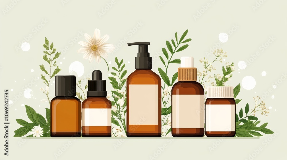 Amber and brown glass skincare bottles arranged with natural floral elements symbolizing the balance between traditional herbal remedies and modern skincare routines