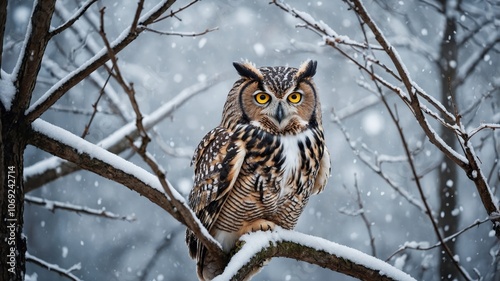 A majestic owl perched on a snow-covered tree branch, blending with the winter landscape, exuding a serene and mystical vibe