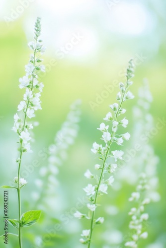 Delicate white flowers blooming in a lush, green field