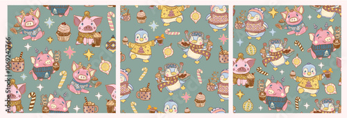 Cozy collection of seamless patterns with animals on a blue background. Cheerful funny dressed pigs and penguins in Christmas sweaters with a cup of cocoa and sweets