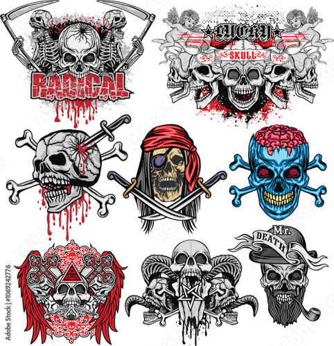 set, gothic sign with skull, grunge vintage design t shirts
