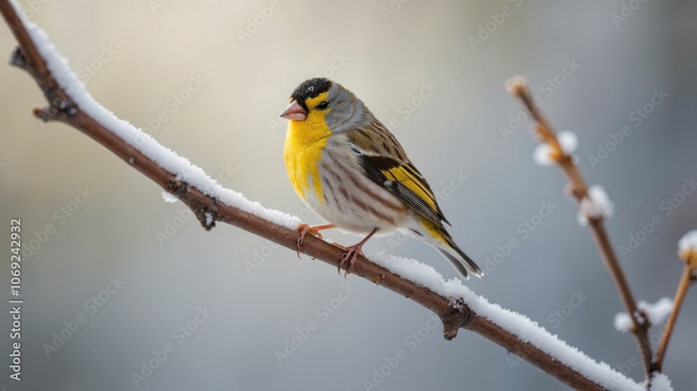 Naklejka premium A small finch with bright yellow accents stands on a branch, showcasing its vibrant plumage in a natural setting