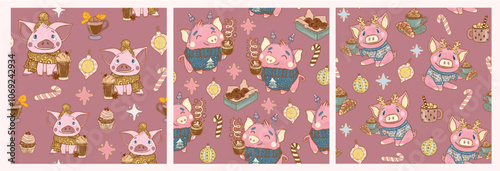 Cozy collection of seamless patterns with animals on a pink background. Cheerful funny dressed pigs in Christmas sweaters with a cup of cocoa and sweets