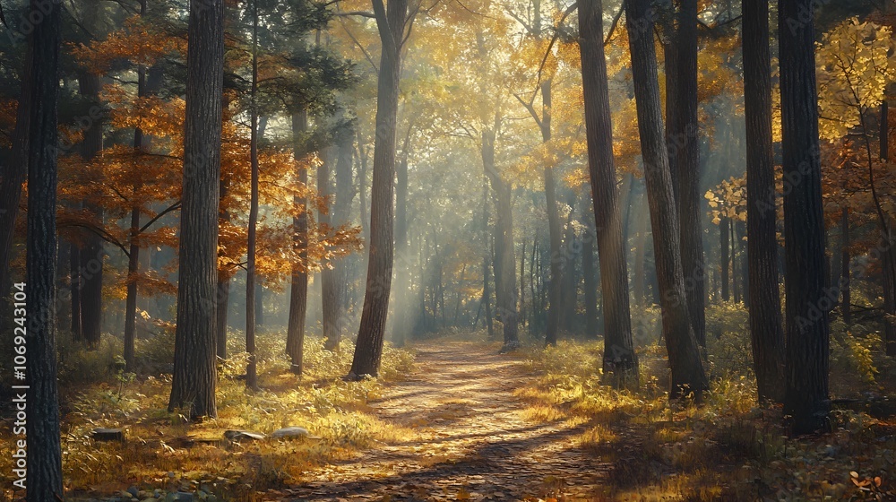 Serene forest path winding through tall trees, dappled sunlight filtering through the canopy, and a carpet of fallen leaves underfoot. The scene evokes a peaceful and enchanting woodland experience. Serene forest path winding through tall trees, dappled sunlight filtering through the canopy, and a carpet of fallen leaves underfoot. The scene evokes a peaceful and enchanting woodland experience.