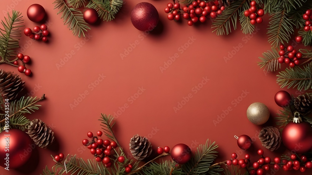 Christmas background with candy, pine branches, red decorations, flat red surface. Banner for design or advertising banner, layout template, copy space concept. Top view. Christmas background with candy, pine branches, red decorations, flat red surface. Banner for design or advertising banner, layout template, copy space concept. Top view.