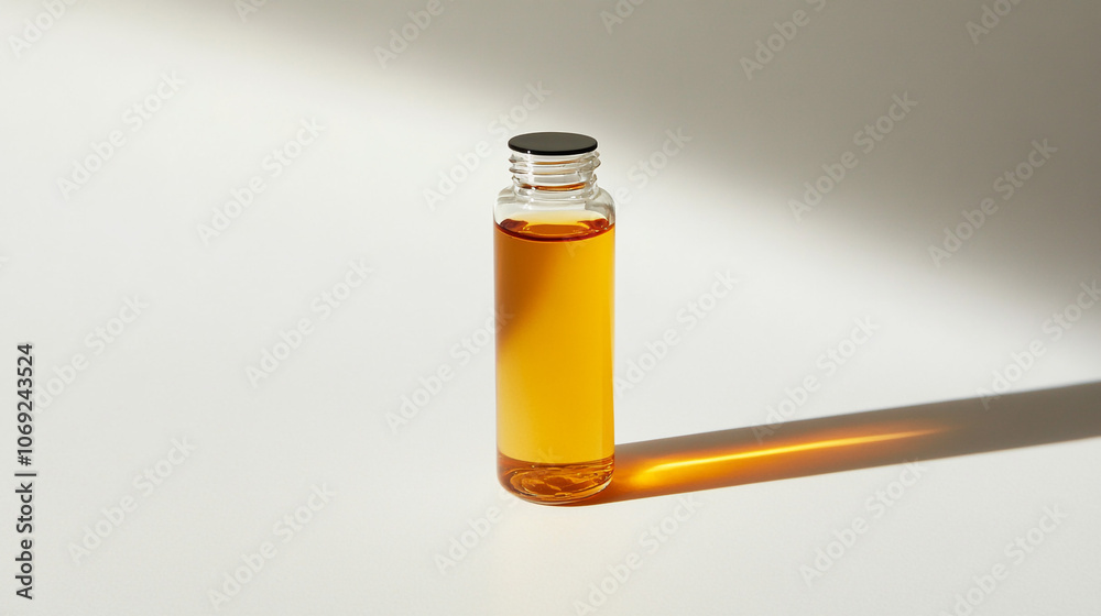 Glass Bottle with Amber Liquid and Shadow on White Background Glass Bottle with Amber Liquid and Shadow on White Background