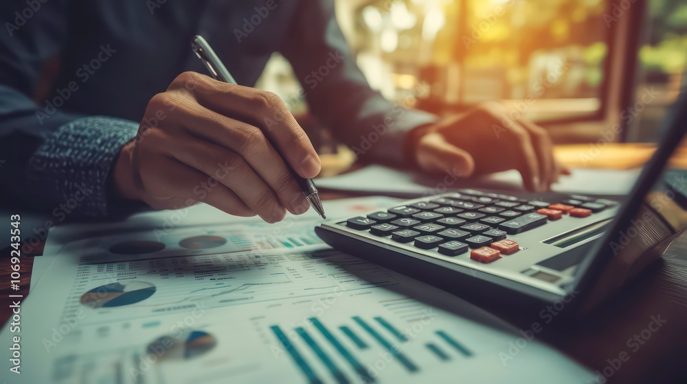 Business man using calculator and laptop on paper graph data with doing finance at office. Business man using calculator and laptop on paper graph data with doing finance at office.