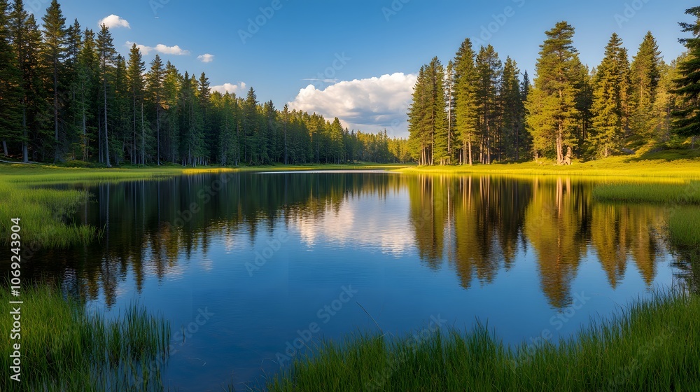 Fototapeta premium Serene lake encircled by vibrant autumn trees, their colorful reflections perfectly mirrored in the still water. The scene epitomizes tranquility and the beauty of fall.