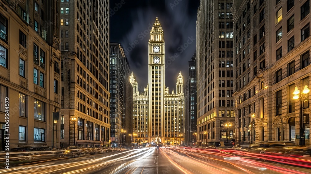 Naklejka premium In the heart of the metropolis, a symphony of light unfolds. Night transforms city streets into vibrant canvases, where fleeting car trails dance amidst towering structures. 