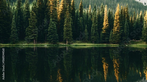 Serene lake encircled by vibrant autumn trees, their colorful reflections perfectly mirrored in the still water. The scene epitomizes tranquility and the beauty of fall.