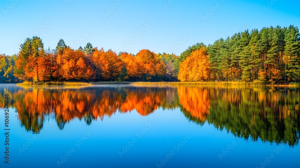 Serene lake encircled by vibrant autumn trees, their colorful reflections perfectly mirrored in the still water. The scene epitomizes tranquility and the beauty of fall. Serene lake encircled by vibrant autumn trees, their colorful reflections perfectly mirrored in the still water. The scene epitomizes tranquility and the beauty of fall.