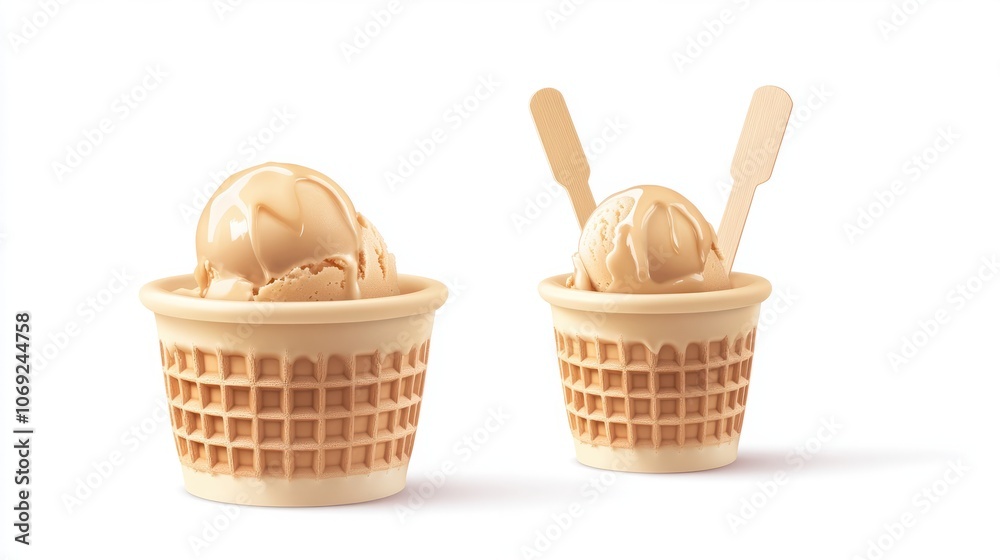 PNG. Ice cream in glaze on wooden sticks and ice cream in a waffle cup. Isolate on a white background