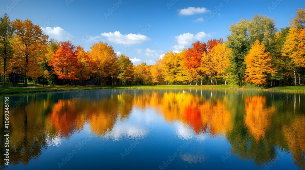 Serene lake encircled by vibrant autumn trees, their colorful reflections perfectly mirrored in the still water. The scene epitomizes tranquility and the beauty of fall. Serene lake encircled by vibrant autumn trees, their colorful reflections perfectly mirrored in the still water. The scene epitomizes tranquility and the beauty of fall.
