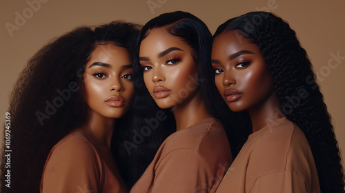 Three women pose closely together, highlighting various natural hairstyles and skin tones. They wear matching neutral-toned outfits, radiating confidence and beauty in a harmonious display.