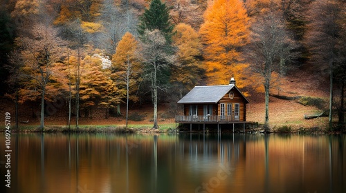 Serene lakeside cabin nestled in a dense forest, with a calm lake mirroring the vibrant autumn colors of the surrounding trees, offering a peaceful retreat. photo