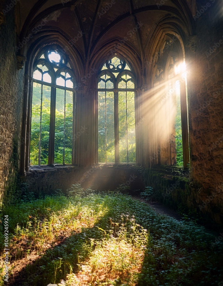Obraz premium Rayos de luz brillante que atraviesan las ventanas de un antigua igllesia abandonada Hermosa iglesia medieval