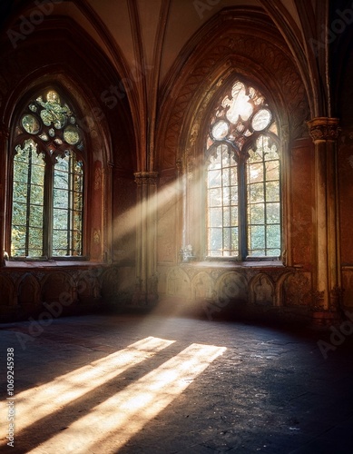 Rayos de luz brillante que atraviesan las ventanas de un antigua igllesia abandonada Hermosa iglesia medieval