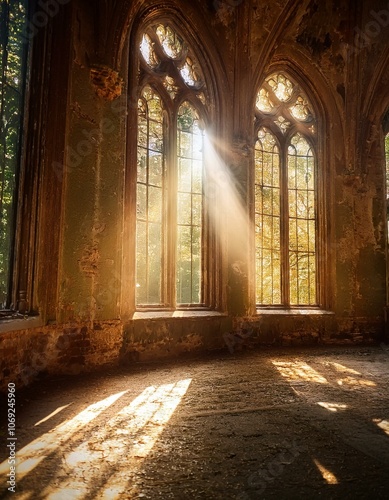 Rayos de luz brillante que atraviesan las ventanas de un antigua igllesia abandonada Hermosa iglesia medieval