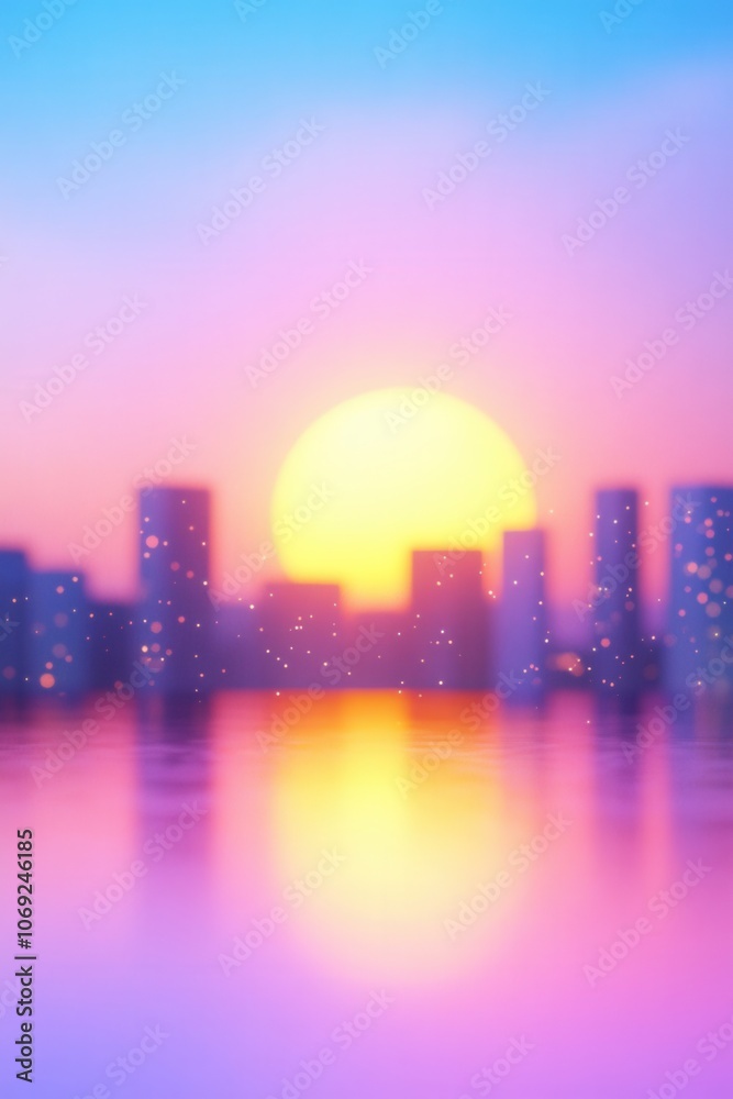 Fototapeta premium Vibrant sunset over a city skyline with sparkling reflections in the water