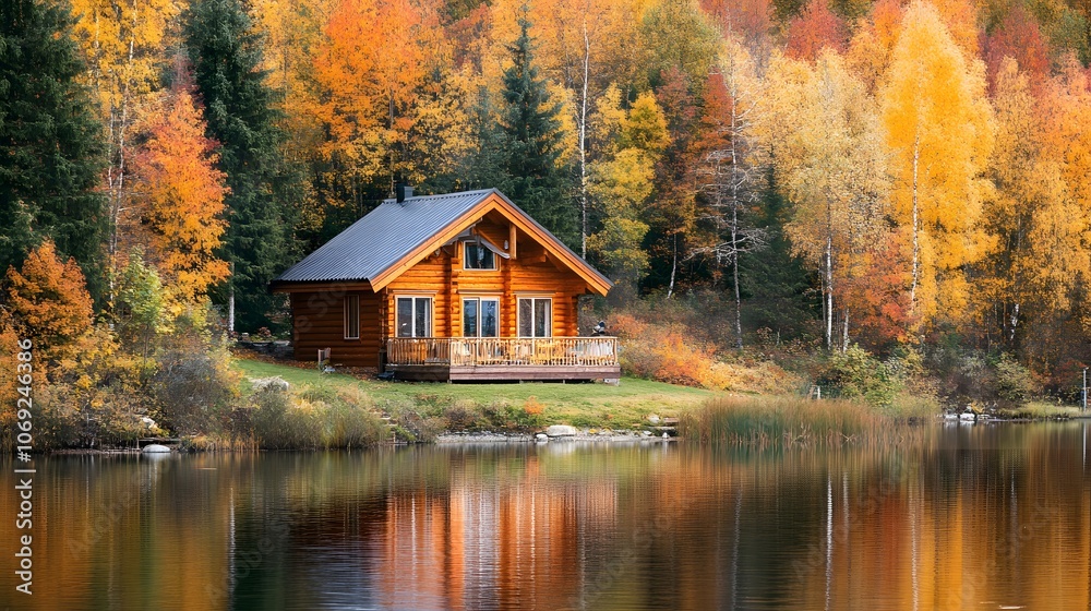 Serene lakeside cabin nestled in a dense forest, with a calm lake mirroring the vibrant autumn colors of the surrounding trees, offering a peaceful retreat. Serene lakeside cabin nestled in a dense forest, with a calm lake mirroring the vibrant autumn colors of the surrounding trees, offering a peaceful retreat.