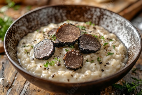 Delicious creamy risotto served in a rustic bowl. The dish features dark truffles on top. It is a beautiful presentation of gourmet comfort food. Generative AI photo