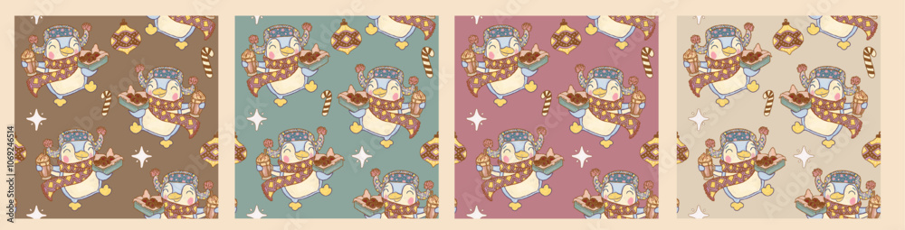 Cozy collection of seamless patterns with animals on a background of pastel colors. Cheerful funny dressed penguins in Christmas sweaters with a cup of cocoa and sweets Cozy collection of seamless patterns with animals on a background of pastel colors. Cheerful funny dressed penguins in Christmas sweaters with a cup of cocoa and sweets