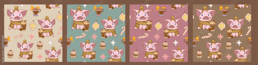 Cozy collection of seamless patterns with animals on a background of pastel colors. Cheerful funny dressed pigs in Christmas sweaters with a cup of cocoa and sweets Cozy collection of seamless patterns with animals on a background of pastel colors. Cheerful funny dressed pigs in Christmas sweaters with a cup of cocoa and sweets