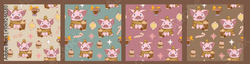 Cozy collection of seamless patterns with animals on a background of pastel colors. Cheerful funny dressed pigs in Christmas sweaters with a cup of cocoa and sweets