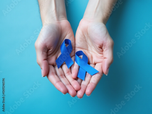 Hands holding blue ribbons on blue background World Diabetes Day