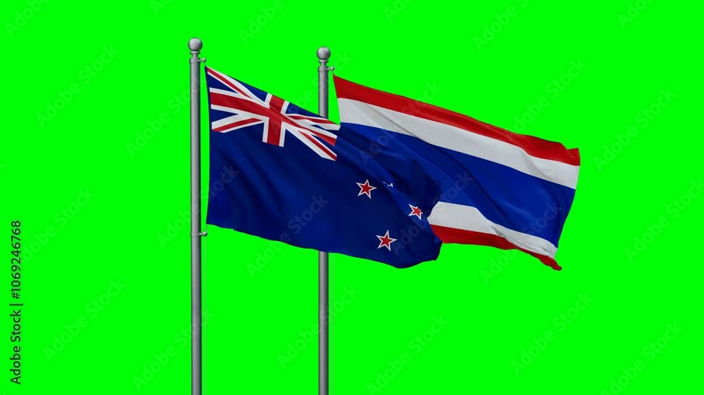 custom made wallpaper toronto digitalKingdom of Thailand and New Zealand flags flying together, video concept of the relationship with colored chroma key for easy background remove, two country cooperation concept