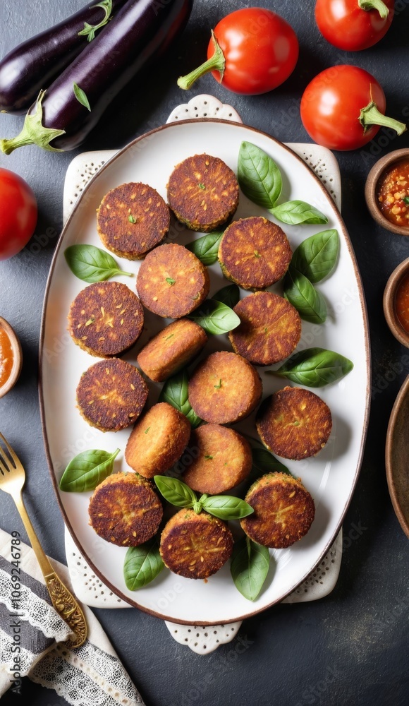 Spanish tapa of vegan eggplant croquettes. Top view table with decoration Spanish tapa of vegan eggplant croquettes. Top view table with decoration