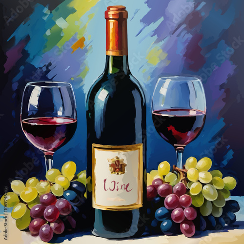 wine bottle, glasses and grapes illustration