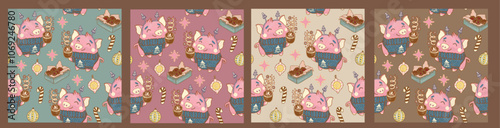 Cozy collection of seamless patterns with animals on a background of pastel colors. Cheerful funny dressed pigs in Christmas sweaters with a cup of cocoa and sweets