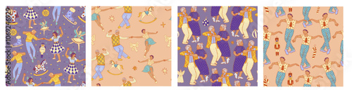 Collection of cozy vintage Christmas patterns - festival party dance. People of different ages, gender and nationality against a background of pastel pink and purple flowers.