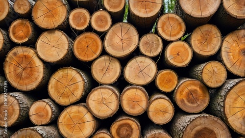 Abstract Background of Stacked Cut Tree Trunks and Branches in the Forest